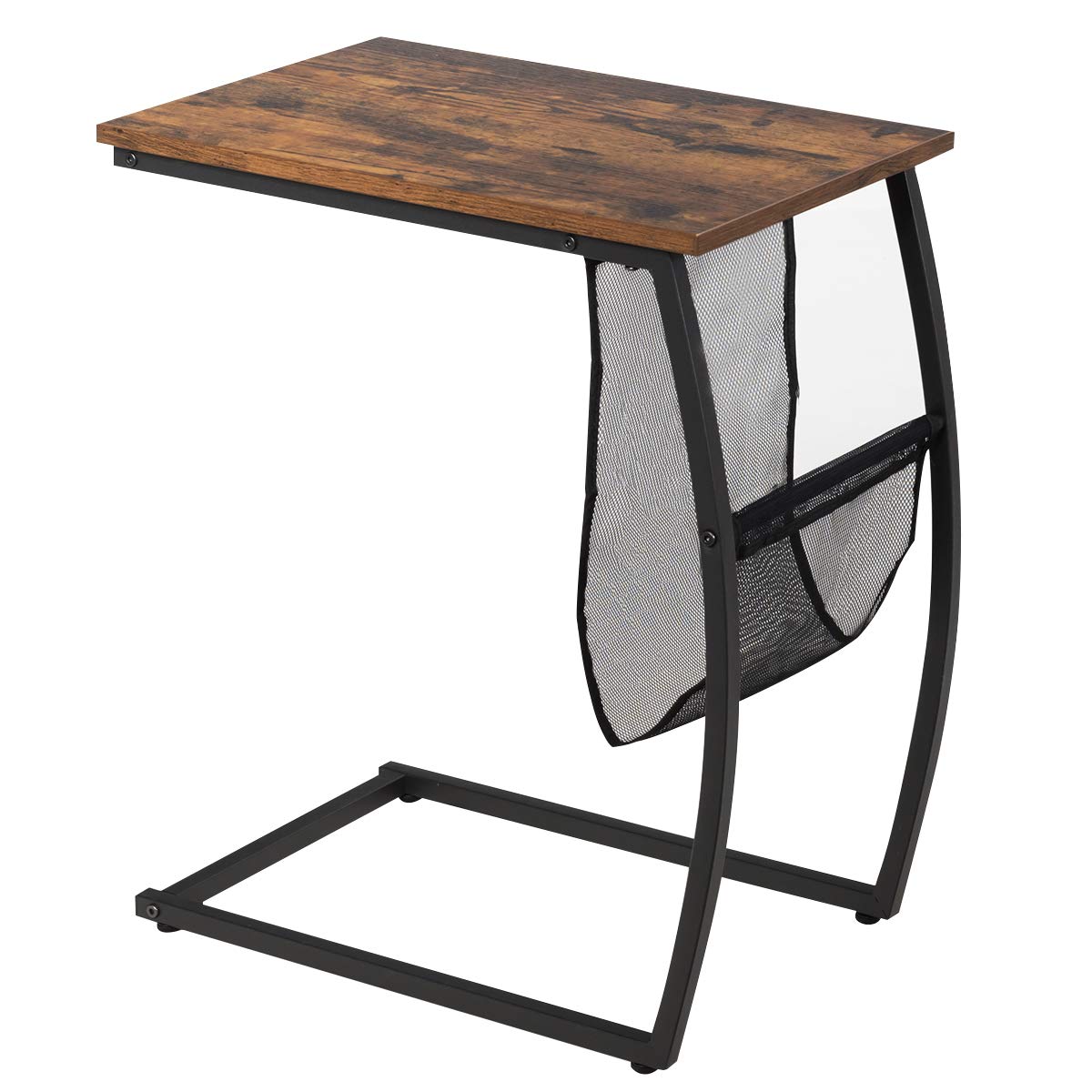 Tangkula Table d'appoint, table de collation en C avec pochette latérale et cadre en métal, table de lit, table d'appoint industrielle pour canapé-lit